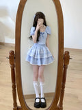 Vevesc Summer Plaid Kawaii Two Piece Skirt Set Women Lace Lolita Mini Skirt Suit Female Korean Fashion Elegant Cute Party Set New