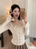 Vevesc Lace Splicing T-shirt Sweet Slim Women Clothing Autumn Winter French Fashion Chic Bottom Blouse Flare Sleeve Y2k Top