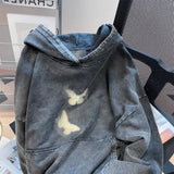 Vevesc American Street Hip-hop Washed Denim Butterfly Tops Mujer Autumn Winter New Hoodie Coat Women Y2k Long Sleeve Loose Sweatshirts