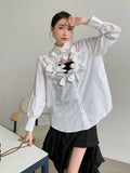 Vevesc Fashion Elegant Blouses for Women Monochromatic Bow Patchwork Hollow Out Design Shirts Spring Autumn New Chic Clothing Tops