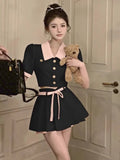 Vevesc Summer Kawaii Elegant Two Piece Set Women Korean Fashion Party Mini Skirt Set Female Bow Casual Tops + Designer Skirt New