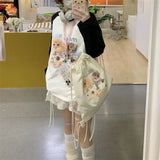 Vevesc New American Vintage Japan Cute Print Loose Shirt Y2k Aesthetic Constrast Color All Macth Autumn Tops Harajuku Punk Clothes