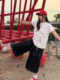 Vevesc  Vintage Black Women Cargo Jeans Pocket Wide Leg American Style Straight Denim Pants Washed Overzised Streetwear Summer