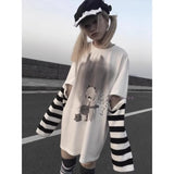 Vevesc Japanese Loose All Match O Neck Spliced Striped Long Sleeve Shirts Sweet Cute Harajuku Subcultural Print Lazy Tops Y2k 2000s Tee