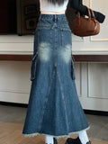 Vevesc Women's A-line Denim Skirt Vintage 90s Aesthetic Y2k Long Cowboy Skirt Harajuku Korean Emo Jean Skirt 2000s Clothes Summer