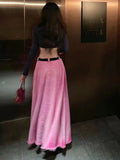 Vevesc Y2k Harajuku Vintage Skirts for Women Solid Color High Waist Folds Raw Edge Long Denim Skirt Streetwear All Match Clothing 2024