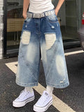 Vevesc Harajuku Vintage High Waist Blue Retro Washed Denim Shorts Women's Fashion Casual Loose Fit Y2K Streetwear Mid Long Short