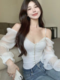 Vevesc Autumn Pink Sexy Elegant Blouse Women Ruffled Backless Korean Designer Tops Female Puff Sleeve Fashion Casual Blouse New