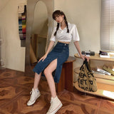 Vevesc Slit Denim Midi Skirt Women Vintage High Waist Hip Wrap Jeans Skirts Summer Streetwear Korean Slim Split Pencil Skirt New