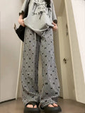Vevesc Streetwear Plaid Bow Print Femme Vintage Wide Leg Pants Women Y2k Aesthetic Drawstring Trousers Harajuku Loose Summer Bottoms