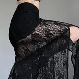 Vevesc Side Slit Lace Skirts For Women 2024 Summer New See Through High Waist Skirt Ladies Black Casual Loose Sexy Skirts Woman