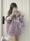 Vevesc Purple Letter Star Print High Street Women Sweatshirts Japanese Harajuku Sweet Fleece Hooded Sudadera Loose Y2k Preppy Style