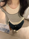 Vevesc Fake Two Piece Patchwork Camisetas Long Sleeve Short Tshirts Slim Waist Y2k Off Shoulder Tops Striped Tees Women Korean