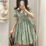 Vevesc Summer Green Kawaii Mini Dress Women Sweet Ruffles Peter Pan Collar Lolita Dresses Female Flower Print Princess Cute Dress