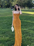 Vevesc  Women Sexy Spaghetti Straps Maxi Dress Bodycon Long Mermaid Evening Cocktail Party Night Club Dresses Vestidos