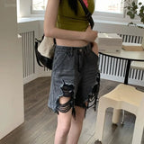 Vevesc Oversize Vintage Thin Denim Shorts Y2k E-Girlhigh Waist Loose Wide Leg Spring New Hollow Out Hole Knee-Length Jeans