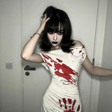 Vevesc Halloween Horror Bloody Handprint Pattern Sexy Spicy Halter Neck Dress Cosplay Zombie Vampire Slim Women Goth Costume Dress