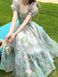 Vevesc French Vintage Floral Midi Dress Women Organza Elegant Casual Party Fairy Dress Casual Holiday Princess Dress Women Spring