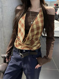Vevesc Elegant Korean Moda Popular Slash Neck Fake Two Piece  Y2k Aesthetic Halter Constrast Color Plaid Loose Design Tops Harajuku Tee