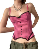 Vevesc Fashion Pink Chic Women Corset Top Lace Trim Buttons Y2K Clothes Vintage Stitched Stripe Crop Top Party Sexy Clubwear