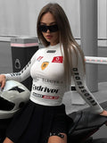 Vevesc Moto Biker Printed Cyber Y2k White T-shirts Techwear Skinny Long Sleeve Women Crop Tops Gothic Punk Fashion Streetwear