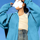 Vevesc Korean Fashion All Match Zipper Hoodies Sweatshirt Pullover Y2K Zipper Pocket Drawstring Women Clothing Sky Blue Casual Jakets