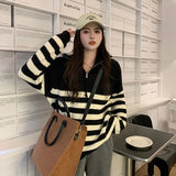 Vevesc Korean Black Contrast Color Striped Pullovers Sueters Mujer Knitted Half High Collar Zipper Y2k Sweaters Women Lazy Casual Tops