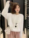 Vevesc Pullovers Mink Cashmere Kawaii Rabbit O Neck Women Sweater Japanese Sweet Y2k Oversize Knitted Harajuku Sueter Mujer Tops