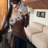 Vevesc French Sweet Elegant Flower Appliques Slash Neck T Shirts Y2k Aesthetic Sexy Slim Side Split Girl Tops American Autumn Tees