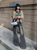 Vevesc Fashion Streetwear Side Pockets Cargo Denim Pants Swxy Low Waist Punk Harajuku Women Trousers Y2k Aesthetic Flare Long Bottoms