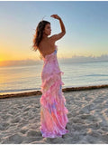 Vevesc Tierred Ruffles Flower Print Sling Maxi Dress Fashion Bohe Sleeveless Bodycon Vestidos Female New Beach Holiday Long Robe