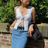 Vevesc Women Bow Tie Front Sleeveless Tank Tops Kawaii Lace Trim V Neck Crop Tops Summer Beach Y2k Fairycore Cottage Vest Club Party