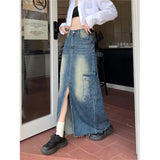 Vevesc Vintage Women's Denim A-line Long Skirts Y2k Girls Korean Style Elegant Harajuku  Skirt Summer 90s Clothes