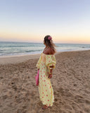 Vevesc  Elegant Flower Print Pleated Long Dress Women Chic Off Shoulder Backless Puff Half Sleeve Vestido Lady Casual Beach Holiday Robe