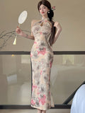 Vevesc  Women Floral Luxury Party Evening Dress Summer Elegant Hollow Out Neck-mounted Long Dress 2025 Korean Bodycon Festival Vestidos