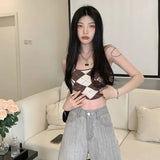 Vevesc V Neck Bandage Crop Tops Y2k Slim Fit High Waist Korean Camisetas Women Two Piece Tees Halter Camis Plaid Short Sleeve Tshirts