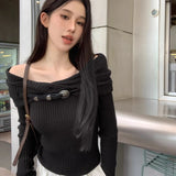 Vevesc American Vintage High Street Pleated Draped Pullovers Personality Belt Design Slim Y2k Harajuku Sweaters Sexy Bottom Shirts