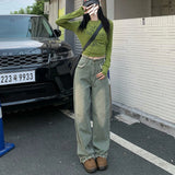 Vevesc American Style Punk Vintage Streetwear Harajuku Green Straight Baggy Jeans Women High Waist Mopping Wide Leg Denim Trousers