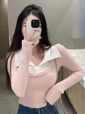 Vevesc Fashion Fake Two Pieces Turn Down Collar Women's Crop Top Slim Sweet Y2k Bottoming Sweaters Patchwork Casual Pullovers Japanese