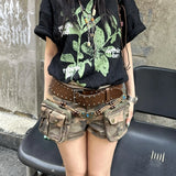 Vevesc  American High Street Washed Camouflage Cargo Denim Shorts Women Y2K Spicy Girl Multi Pocket Wide Leg Jeans for Women