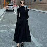 Vevesc Autumn Hepburn Style Women Dress High Waist Elegant Black Midi Dress Fashion Korean Half High Collar Long Sleeve A Line Dress