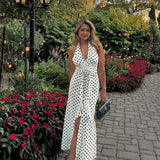 Vevesc  Polka Dot Floral Long Dress Women Fashion Sleeveless Neck Slit Spring Party Evening Dress Female High Waist Dress 2025