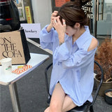 Vevesc Off Shoulder Blue Striped Long Sleeve Women Chemise Femme Chic High Street Blouse Oversize Hollow Out Shirts Turn Down Collar