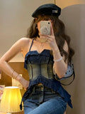 Vevesc  Sexy Gyaru Denim Tanks Halter Ruffles Patchwork Solid Color Pleated Irregular Sleeveless Tops Female Slim Summer Women Clothing