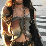 Vevesc Grunge Slash Neck Women Cardigans Y2k Aesthetic Loose Vintage Gradient Stripe Sweaters Single Breasted Harajuku Knitwear Female