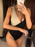 Vevesc Black Splicing Swimwear Sexy Ribbed Scalloped High Cut One Piece Bathing Suits Fashion Summer Beach Women Bodysuit Swimsuit