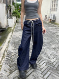 Vevesc Autumn Women's Casual Aesthetic Harajuku Jeans Vintage Emo Loose Washed Pants Y2K Wide Leg Punk Baggy Blue Denim Trouser