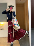 Vevesc Vintage Y2k Long Skirt Women Red Harajuku Streetwear Plaid Skirt Korean Style Retro Patchwork Ruffle Skirts Aesthetics