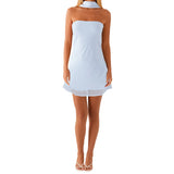 Vevesc  Women Sexy V-Neck Lace Bodycon Dress Sleeveless Backless Floral Print  Fit Party Mini Dress with Belt