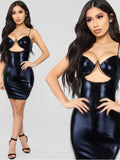 Vevesc PU spaghetti straps hollow out sexy high waist slim black solid summer women new fashion party bodycon mini dress